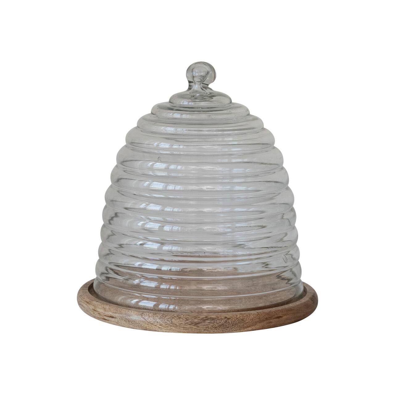 Hello Honey® 11.5" Clear & Natural Reclaimed Etched Glass Beehive Shaped Cloche with Mango Wood Base